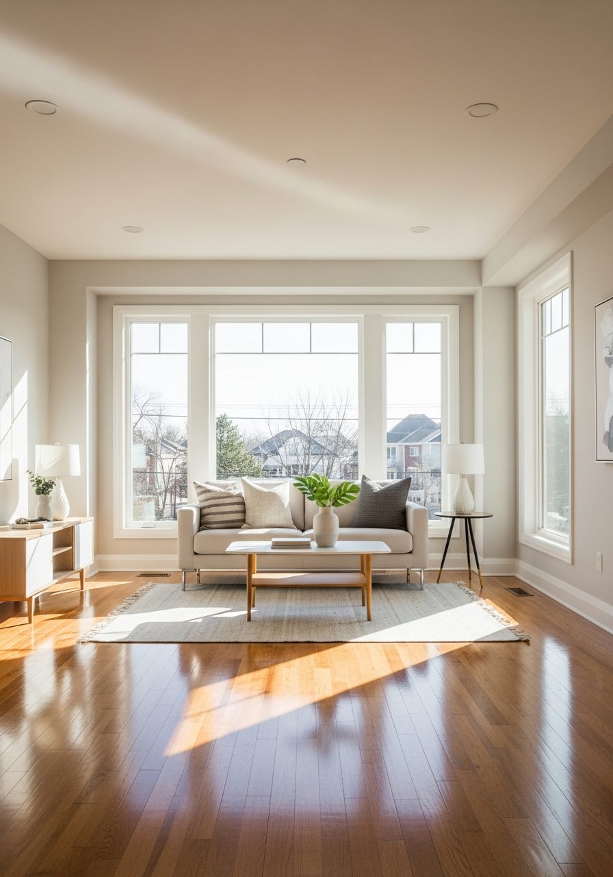 Bright, spotless freshly cleaned living room